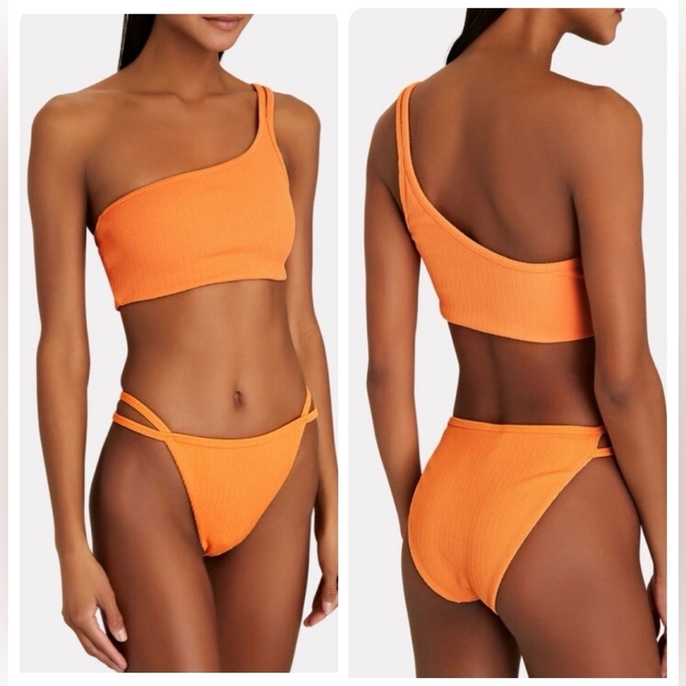 NWT Jonathan Simkhai Umi Textured One Shoulder Bikini Top & Bottom Set Orange XS